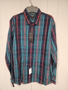 Nordstrom Shirt Mens Large Trim Fit Cotton Plaid Green Long Sleeve Button Up NWT